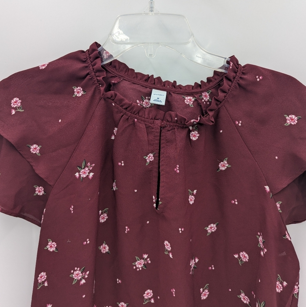 Old Navy Floral Burgundy Blouse Medium Layered Short Sleeve Ruffle Neck Boho - Picture 7 of 9